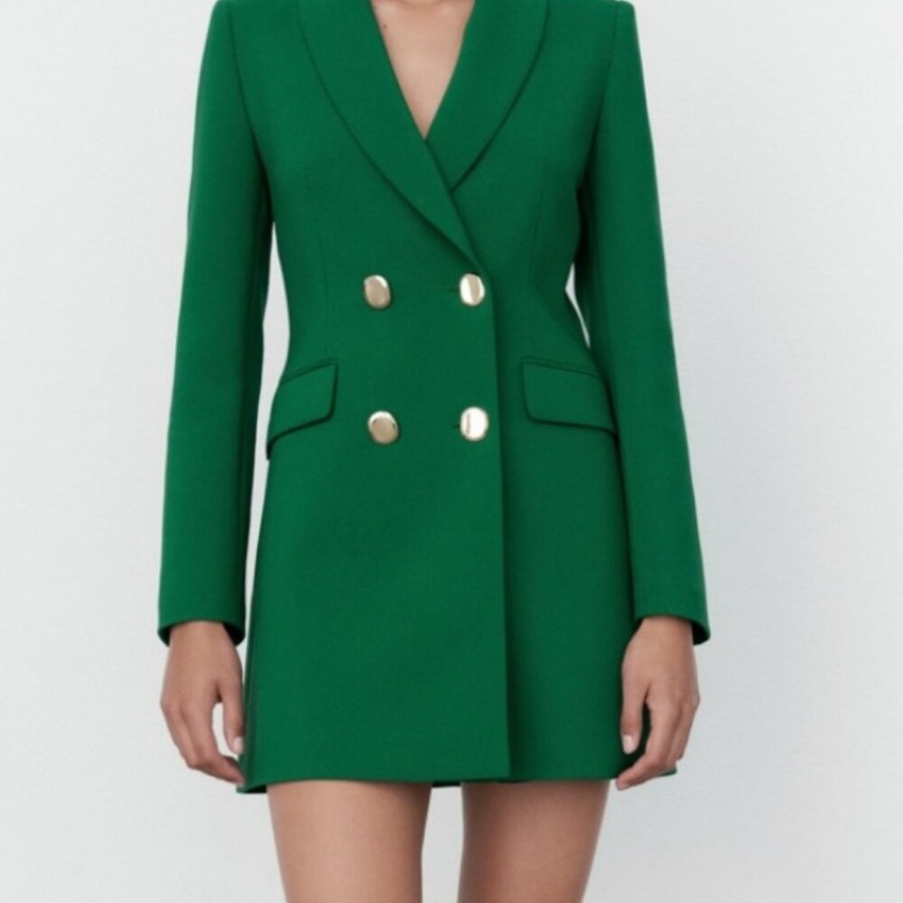 ZARA Long Green Blazer Double Breasted with Gold Buttons M